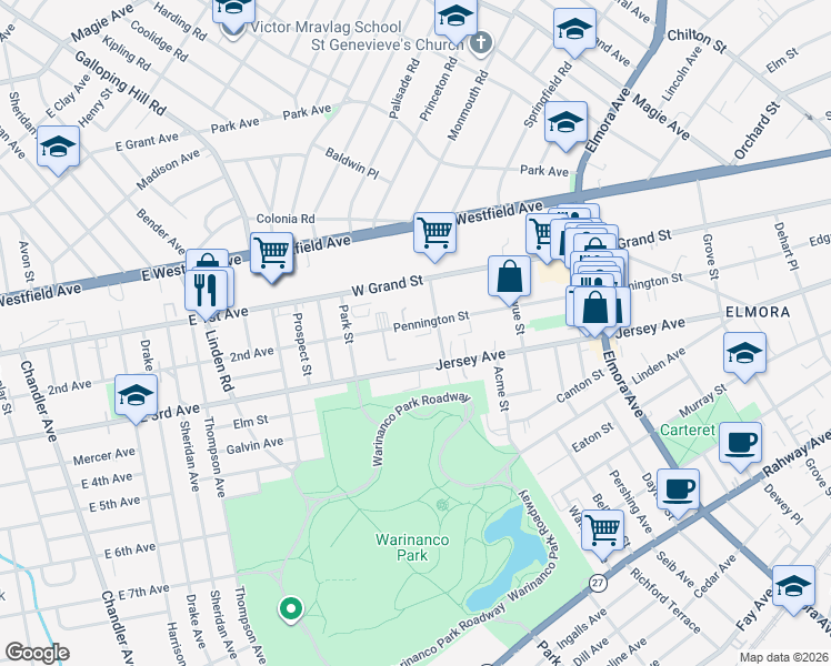 map of restaurants, bars, coffee shops, grocery stores, and more near 925 Pennington Street in Elizabeth