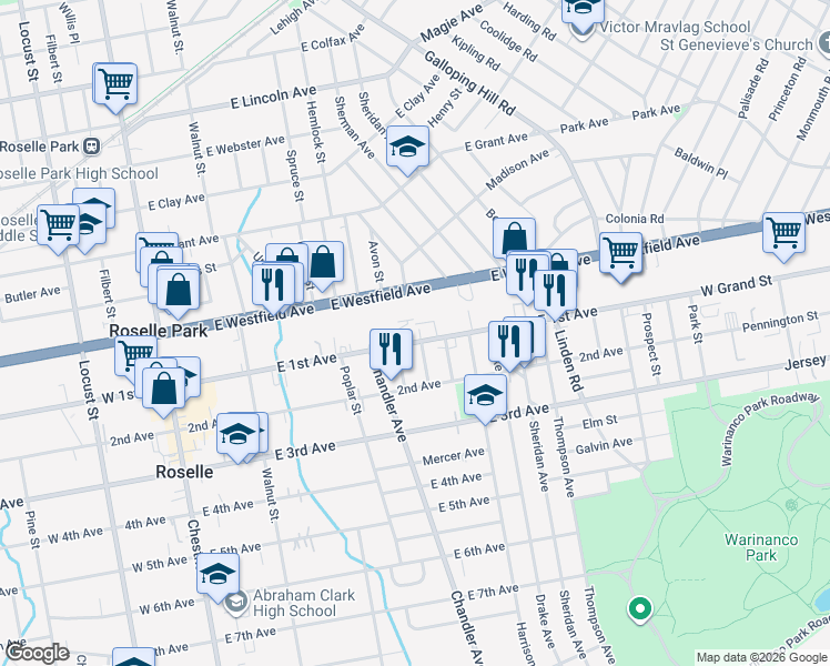 map of restaurants, bars, coffee shops, grocery stores, and more near 415 Hope Avenue in Roselle