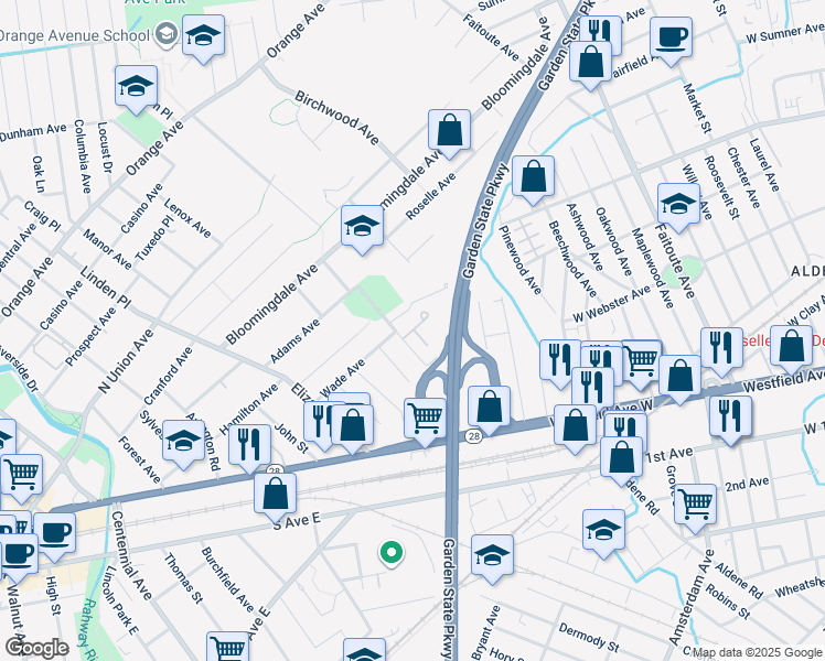 map of restaurants, bars, coffee shops, grocery stores, and more near 25B Parkway Village in Cranford