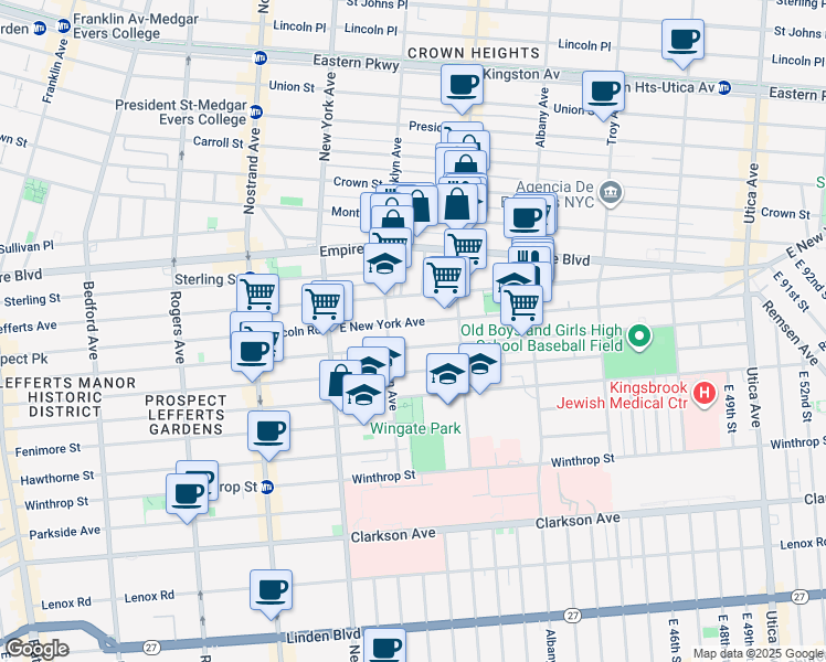 map of restaurants, bars, coffee shops, grocery stores, and more near 571 East New York Avenue in Brooklyn
