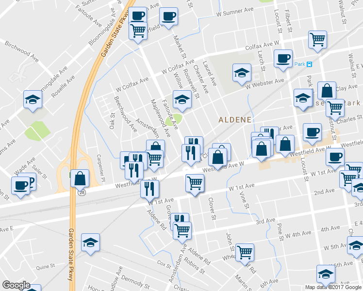 map of restaurants, bars, coffee shops, grocery stores, and more near 413 Faitoute Avenue in Roselle Park