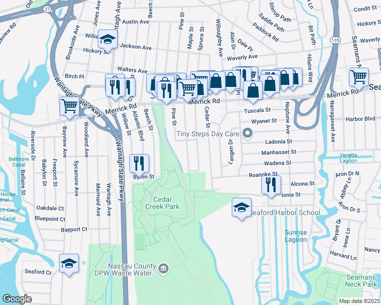 map of restaurants, bars, coffee shops, grocery stores, and more near 2381 Maple Street in Seaford