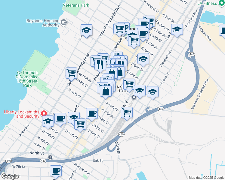 map of restaurants, bars, coffee shops, grocery stores, and more near 6 East 21st Street in Bayonne
