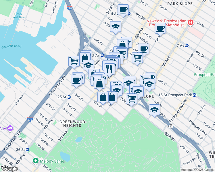 map of restaurants, bars, coffee shops, grocery stores, and more near 252 19th Street in Brooklyn
