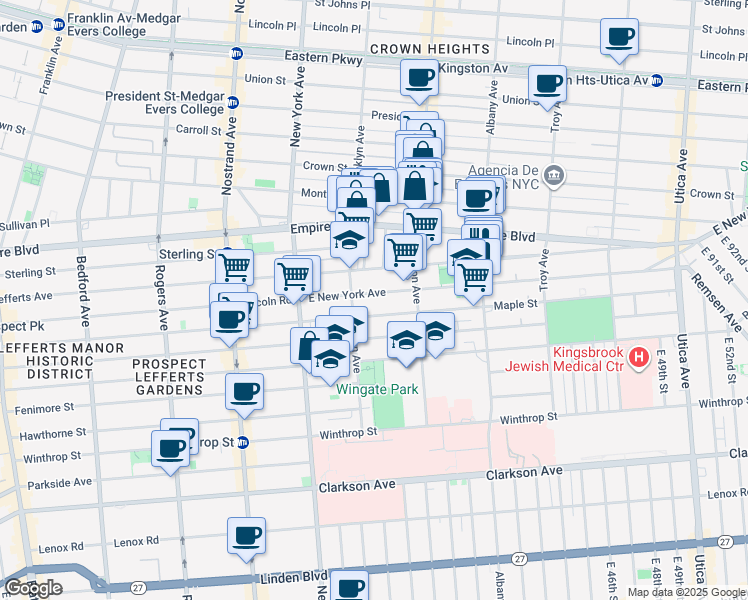 map of restaurants, bars, coffee shops, grocery stores, and more near 571 East New York Avenue in Brooklyn