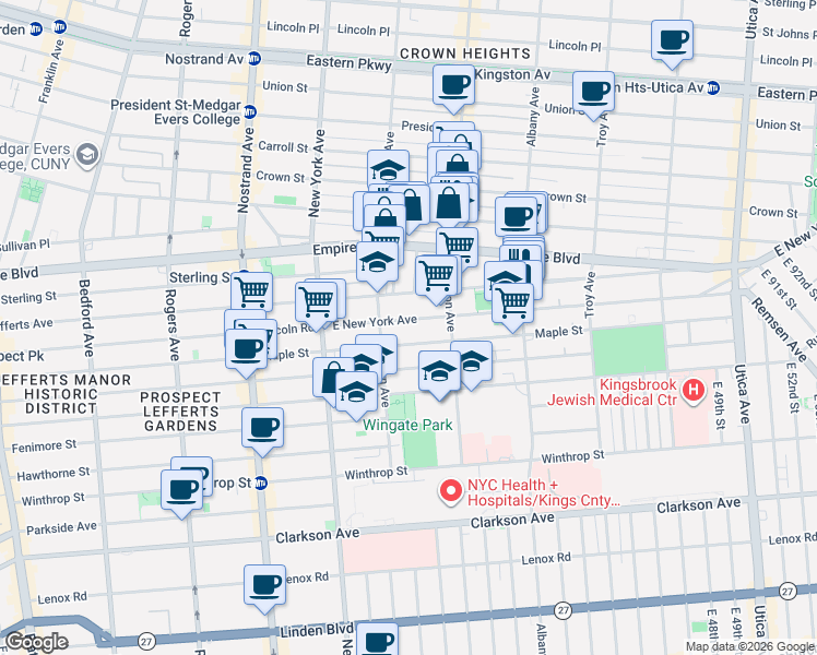 map of restaurants, bars, coffee shops, grocery stores, and more near 571 East New York Avenue in Brooklyn