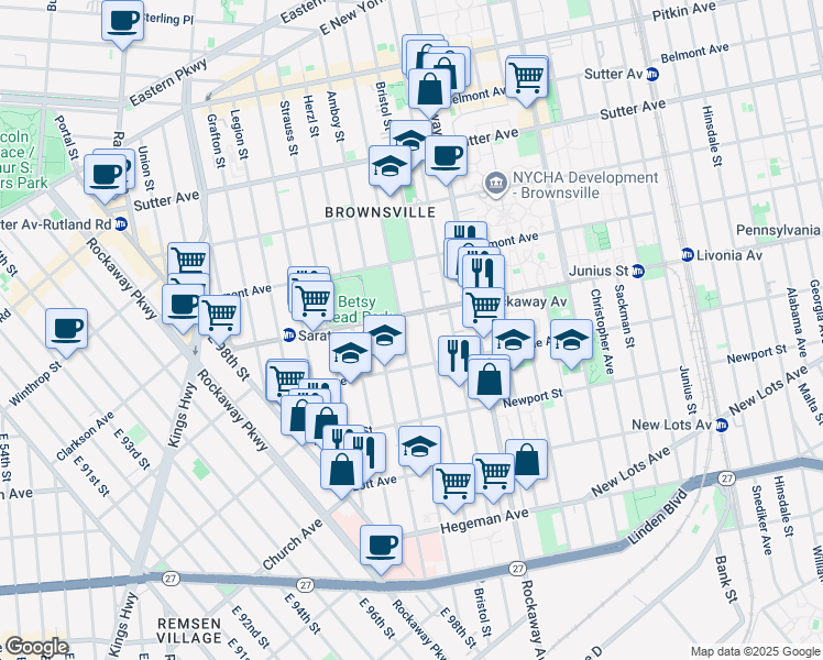 map of restaurants, bars, coffee shops, grocery stores, and more near 769 Thomas S Boyland Street in Brooklyn