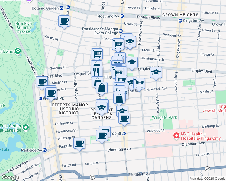 map of restaurants, bars, coffee shops, grocery stores, and more near 333 Lincoln Road in Brooklyn
