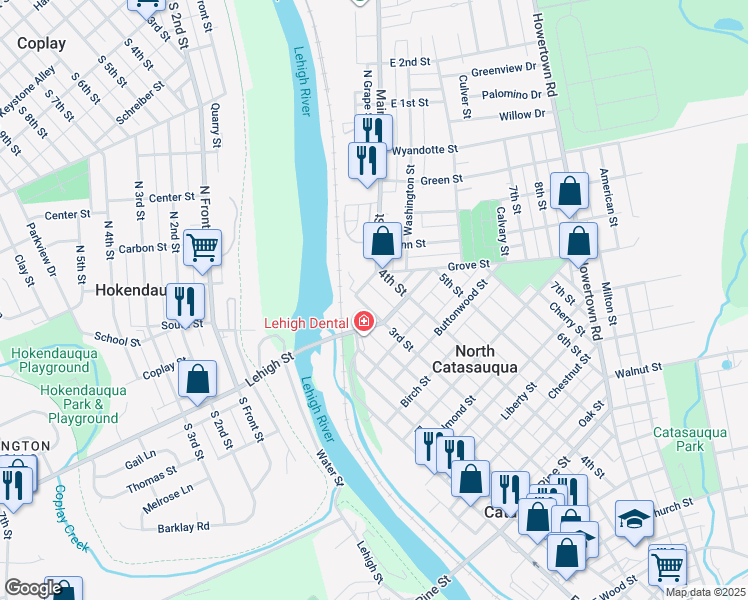 map of restaurants, bars, coffee shops, grocery stores, and more near 1329 3rd Street in Catasauqua