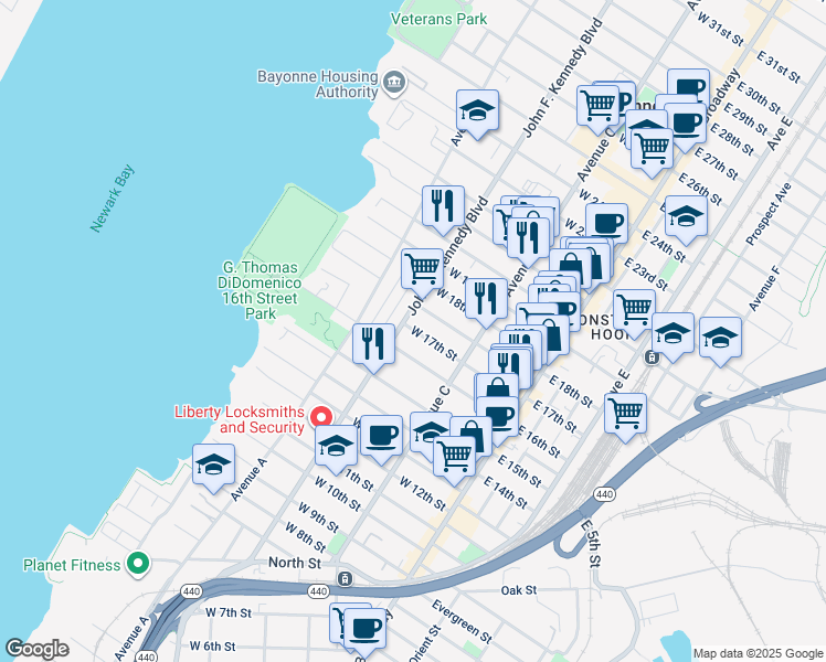 map of restaurants, bars, coffee shops, grocery stores, and more near West 17th Street in Bayonne