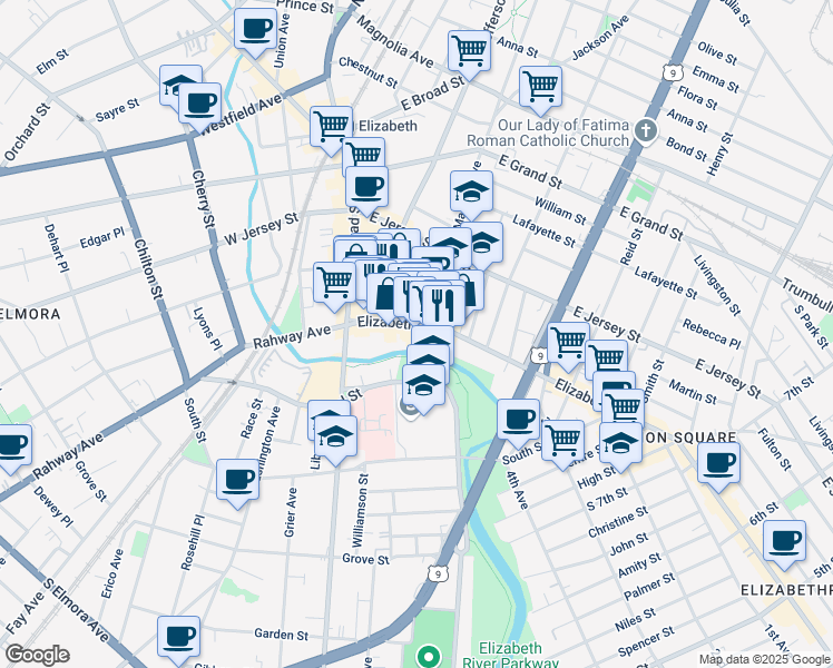 map of restaurants, bars, coffee shops, grocery stores, and more near 1114 Elizabeth Avenue in Elizabeth