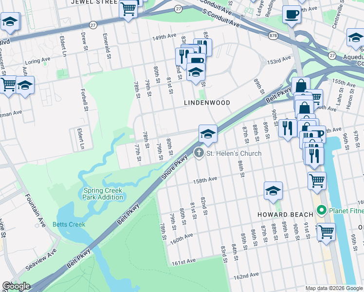map of restaurants, bars, coffee shops, grocery stores, and more near 156-21 80th Street in Queens
