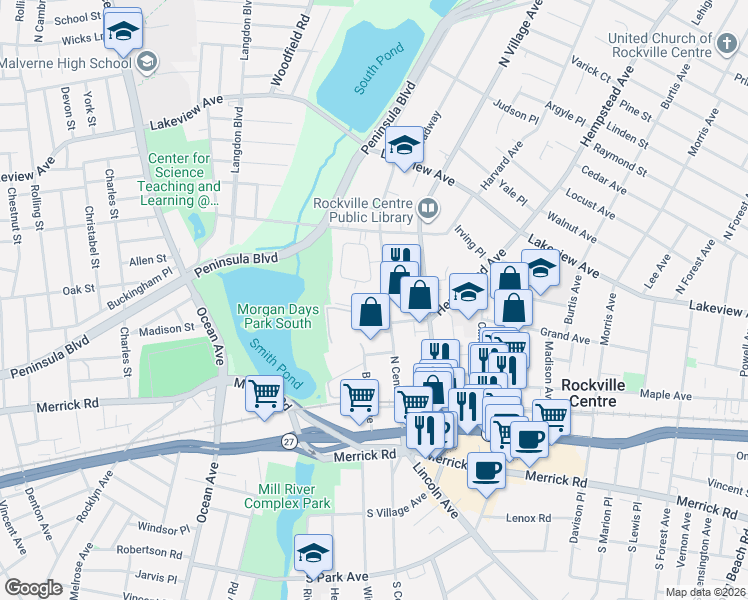 map of restaurants, bars, coffee shops, grocery stores, and more near 3 Meehan Lane in Rockville Centre
