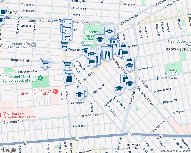 map of restaurants, bars, coffee shops, grocery stores, and more near 132 East 93rd Street in Brooklyn