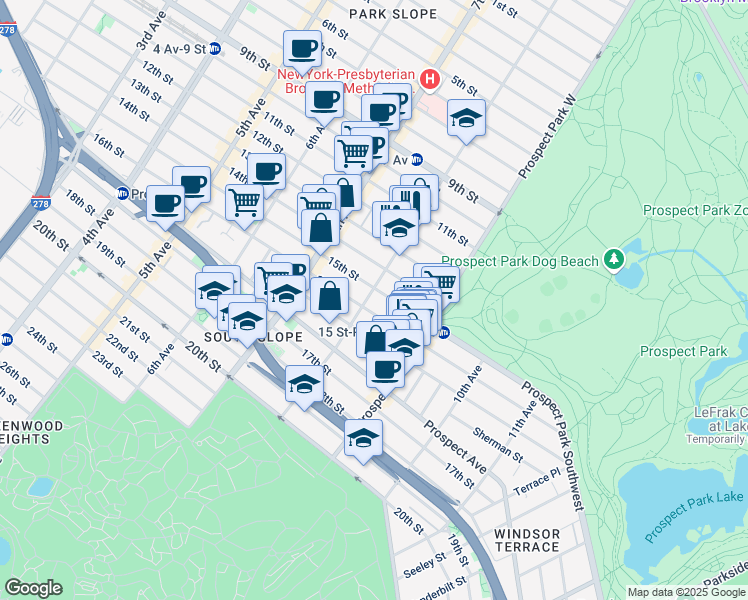 map of restaurants, bars, coffee shops, grocery stores, and more near 423 15th Street in Brooklyn