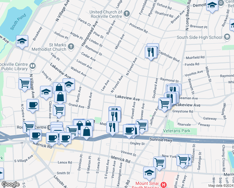 map of restaurants, bars, coffee shops, grocery stores, and more near 347 Lakeview Avenue in Rockville Centre