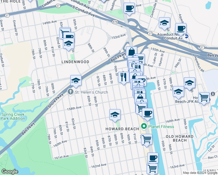 map of restaurants, bars, coffee shops, grocery stores, and more near 88-8 157th Avenue in Queens