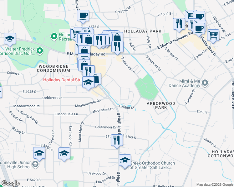 map of restaurants, bars, coffee shops, grocery stores, and more near 1914 Meadowmoor Road in Holladay
