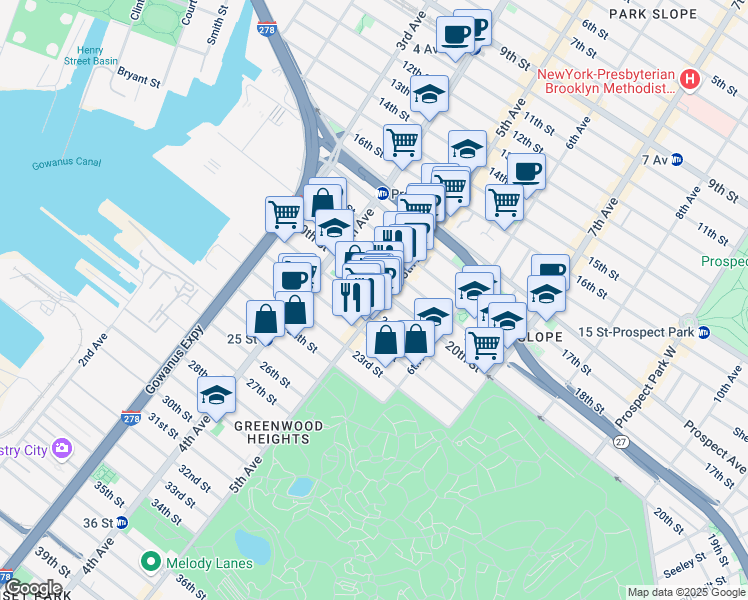 map of restaurants, bars, coffee shops, grocery stores, and more near 696 5th Avenue in Brooklyn