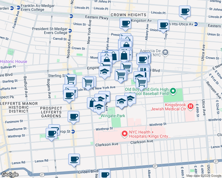 map of restaurants, bars, coffee shops, grocery stores, and more near 571 East New York Avenue in Brooklyn