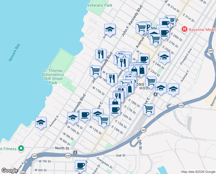 map of restaurants, bars, coffee shops, grocery stores, and more near 66 West 18th Street in Bayonne