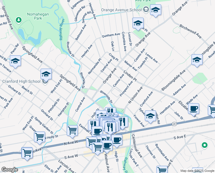 map of restaurants, bars, coffee shops, grocery stores, and more near 214 Claremont Place in Cranford