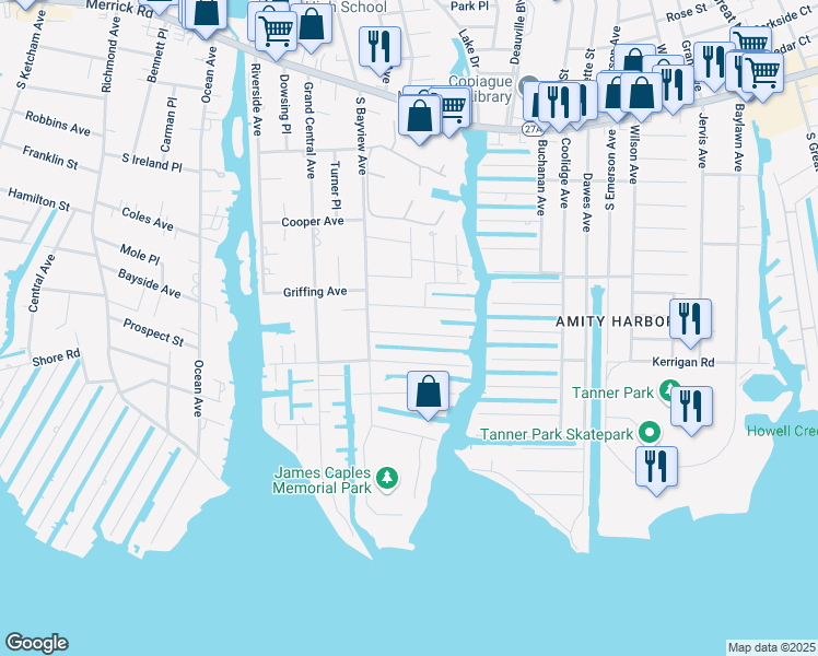 map of restaurants, bars, coffee shops, grocery stores, and more near 29 Bayside Place in Amityville