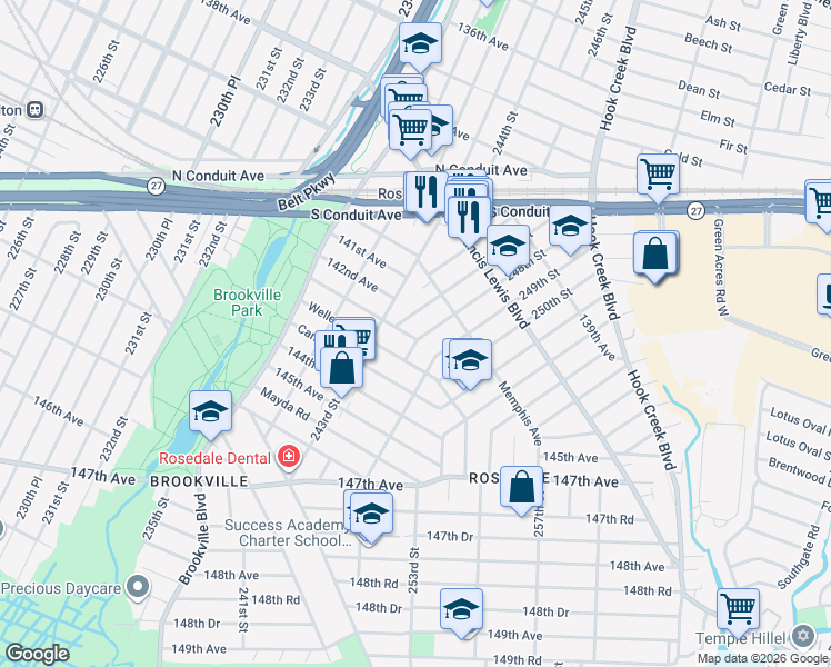 map of restaurants, bars, coffee shops, grocery stores, and more near 247-01 247th Street in Queens