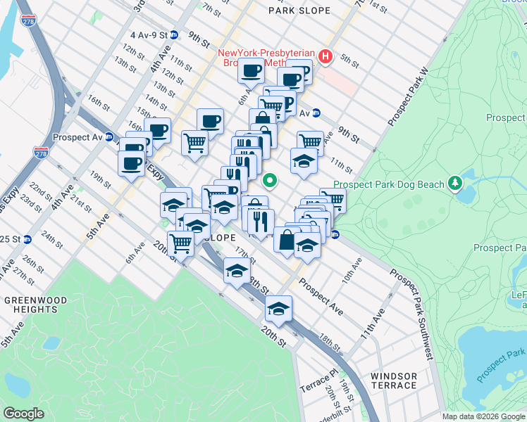 map of restaurants, bars, coffee shops, grocery stores, and more near 352 16th Street in Brooklyn