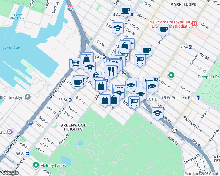 map of restaurants, bars, coffee shops, grocery stores, and more near in Brooklyn