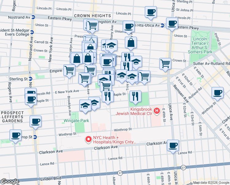 map of restaurants, bars, coffee shops, grocery stores, and more near 700 East New York Avenue in Brooklyn