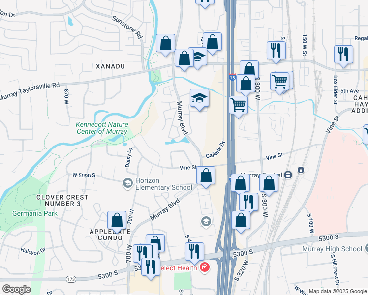 map of restaurants, bars, coffee shops, grocery stores, and more near 486 Clover View Drive in Murray