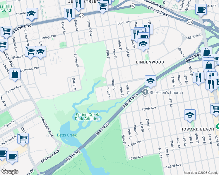 map of restaurants, bars, coffee shops, grocery stores, and more near 156-7 77th Street in Queens
