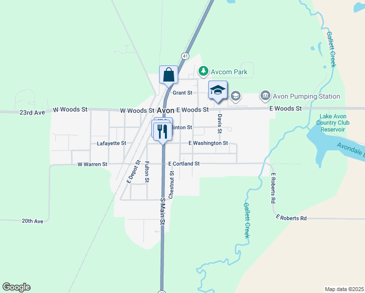 map of restaurants, bars, coffee shops, grocery stores, and more near 201 East Washington Street in Avon