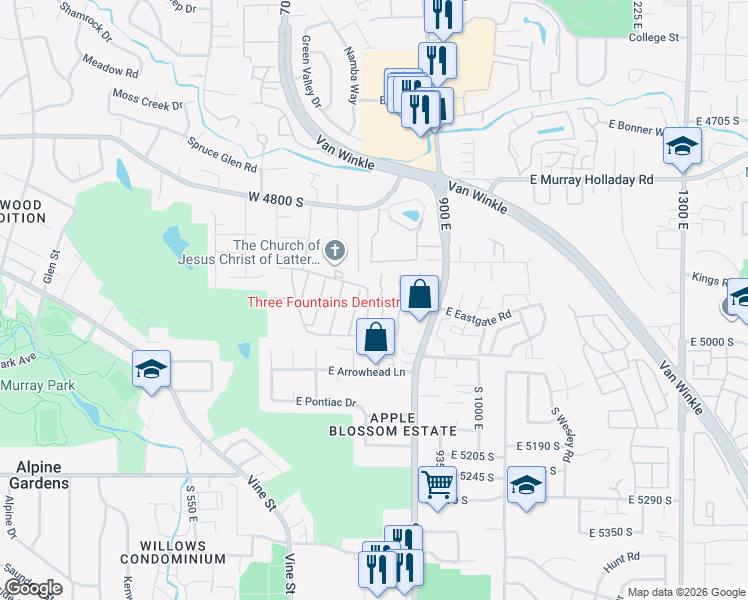 map of restaurants, bars, coffee shops, grocery stores, and more near 829 East Three Fountains Drive in Murray