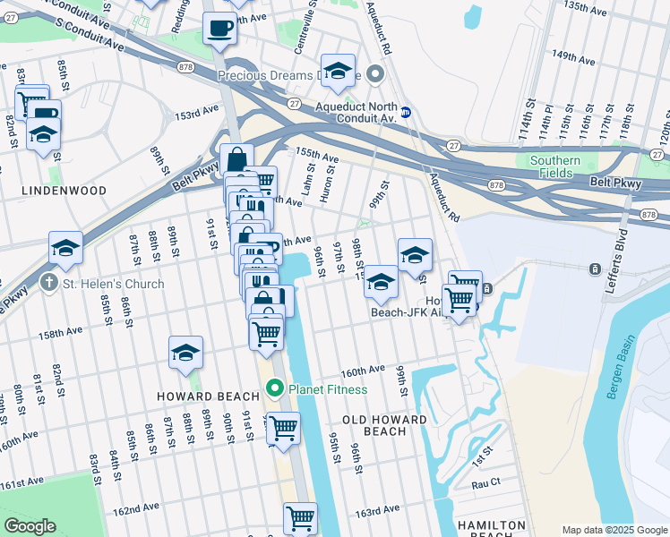 map of restaurants, bars, coffee shops, grocery stores, and more near 157-23 96th Street in Queens