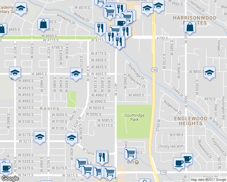 map of restaurants, bars, coffee shops, grocery stores, and more near 4942 4015 West in Kearns