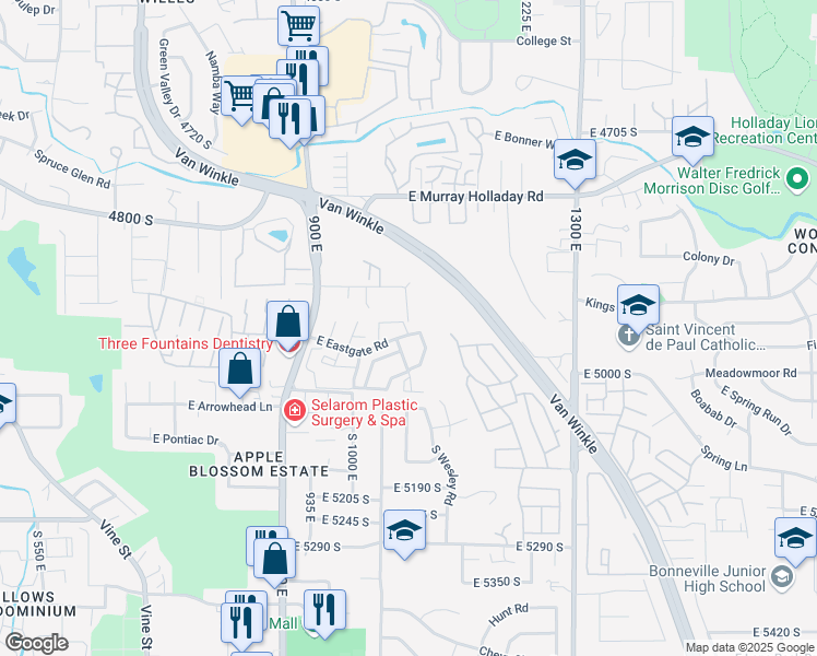map of restaurants, bars, coffee shops, grocery stores, and more near 4943 South Eastridge Lane in Salt Lake City