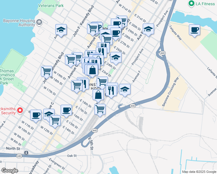 map of restaurants, bars, coffee shops, grocery stores, and more near 250 Avenue E in Bayonne