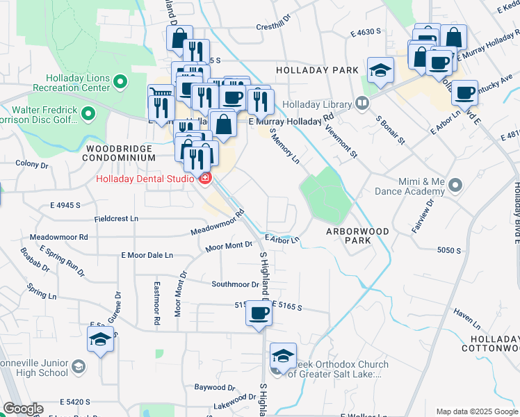 map of restaurants, bars, coffee shops, grocery stores, and more near 1914 Meadowmoor Road in Holladay