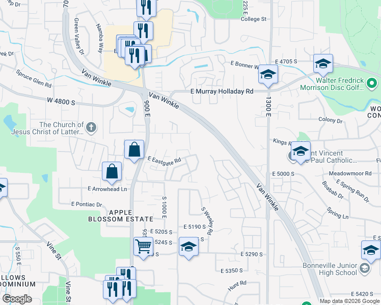map of restaurants, bars, coffee shops, grocery stores, and more near 4943 South Eastridge Lane in Salt Lake City