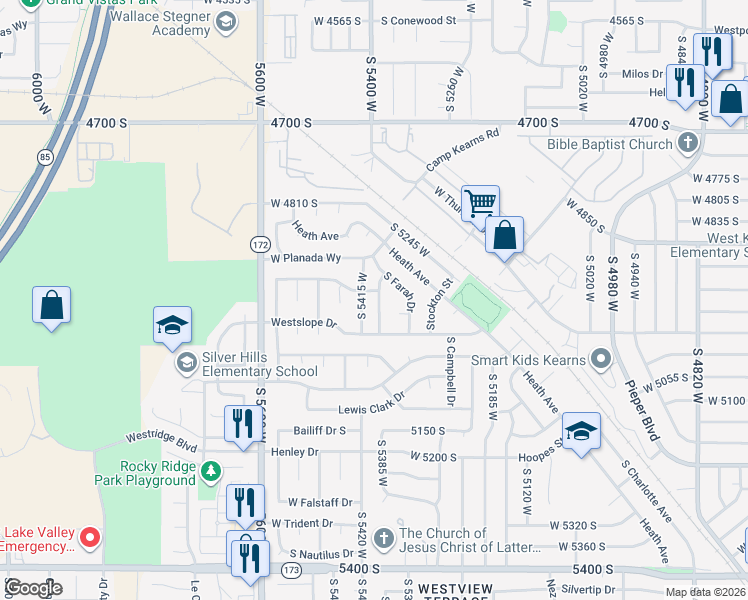 map of restaurants, bars, coffee shops, grocery stores, and more near 4931 South 5415 West in Kearns