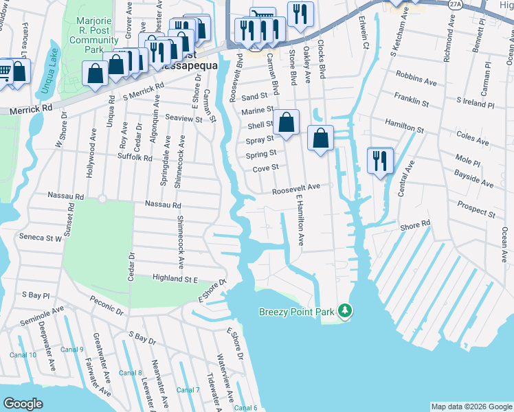 map of restaurants, bars, coffee shops, grocery stores, and more near 56 Riverdale Avenue in Massapequa