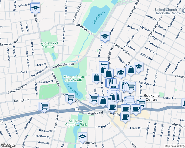 map of restaurants, bars, coffee shops, grocery stores, and more near 9 Meehan Lane in Rockville Centre