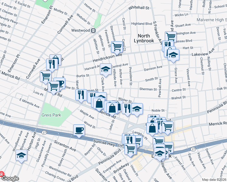 map of restaurants, bars, coffee shops, grocery stores, and more near 178 Sherman Street in Lynbrook