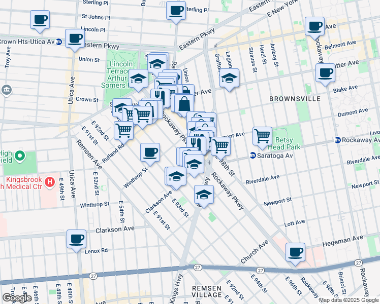 map of restaurants, bars, coffee shops, grocery stores, and more near 196 Roackaway Parkway in Brooklyn
