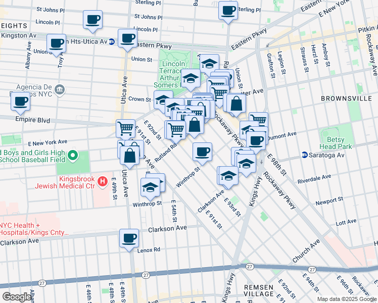 map of restaurants, bars, coffee shops, grocery stores, and more near 131 East 93rd Street in Brooklyn