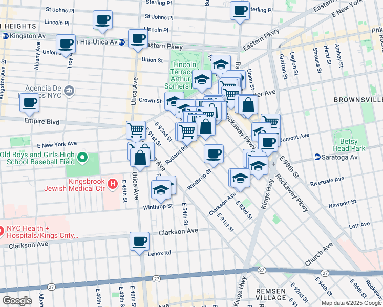 map of restaurants, bars, coffee shops, grocery stores, and more near 131 East 93rd Street in Brooklyn