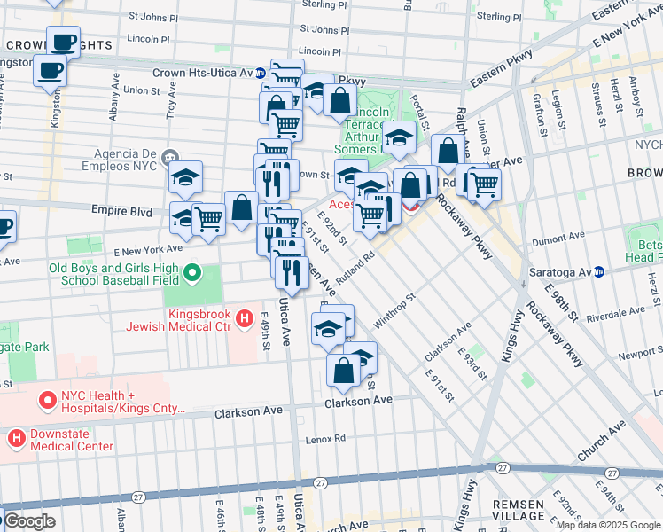 map of restaurants, bars, coffee shops, grocery stores, and more near 88 East 91st Street in Brooklyn