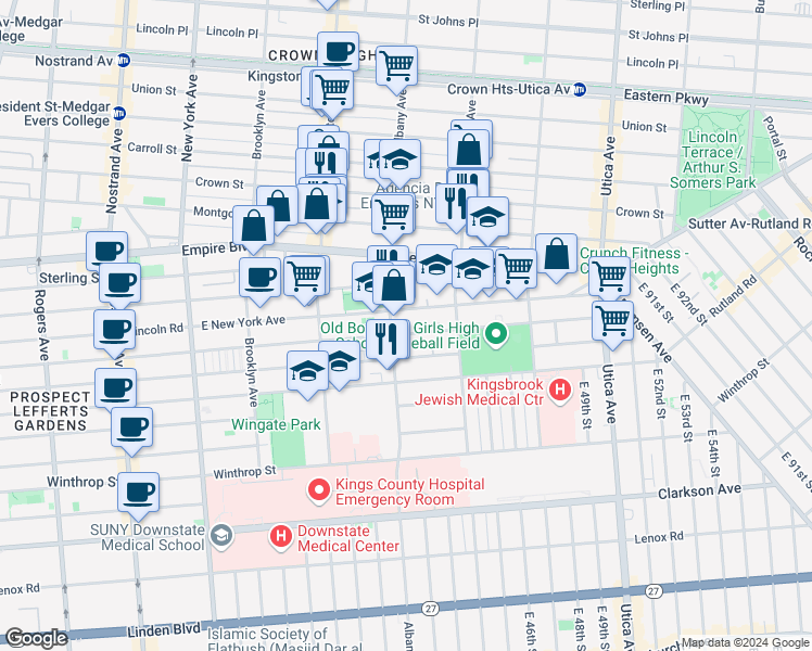 map of restaurants, bars, coffee shops, grocery stores, and more near 700 East New York Avenue in Brooklyn